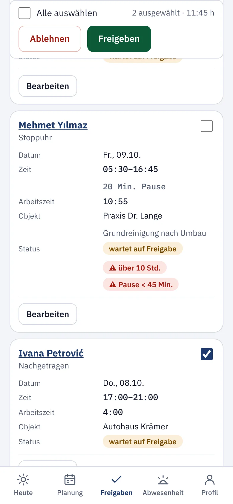 Teamleitung am Handy: Zeiten freigeben mit Arbeitszeit-Hinweisen