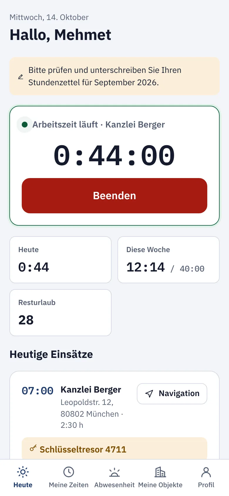 Bildschirm „Heute“ mit laufender Stoppuhr